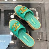 THICK SOLE WEDGE SLIPPERS IN PERSIAN GREEN LAMBSKIN AND BEIGE RUBBER